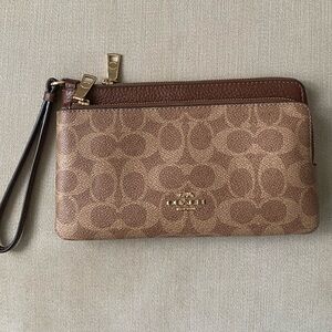 Coach Brown Signature Canvas Double Zip Wristlet with Leather Strap